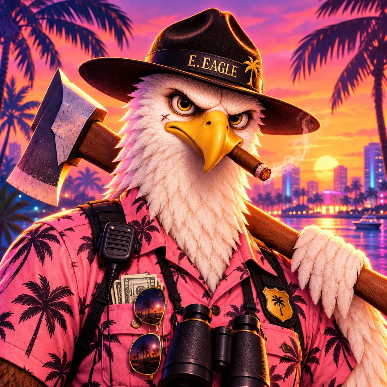 E.EAGLE with a dangerous golden-eyed stare, E.EAGLE ranger hat and pink palm-print shirt